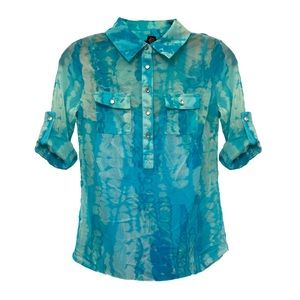 INC Petite Sheer Blue Collared Diamond Buttons Adjustable Roll Up Sleeve Top, P